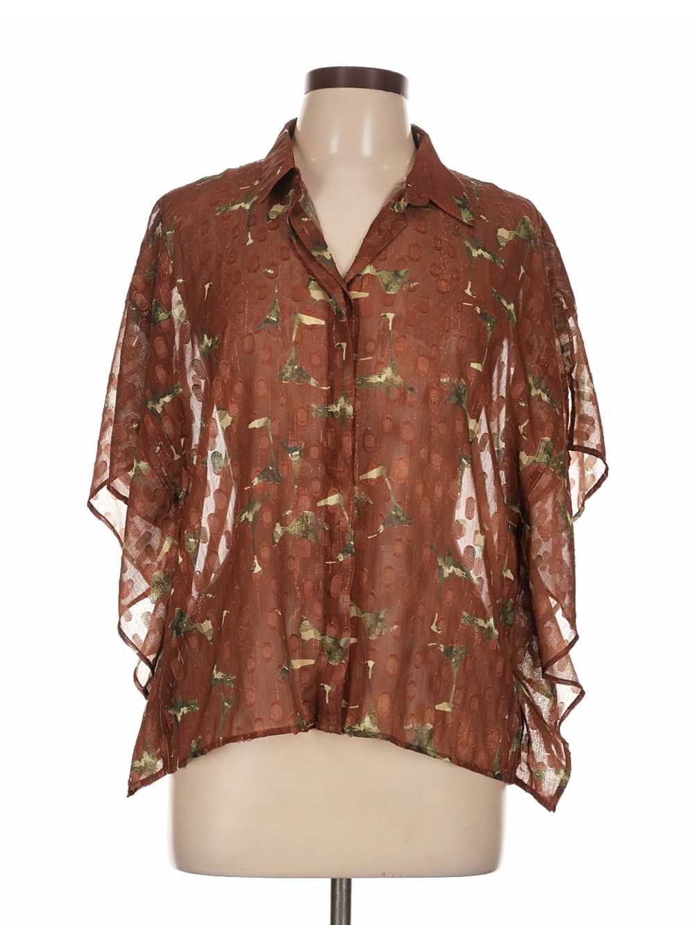 Cotélac Paris Sheer Floral Jacquard Kimono Sleeve Blouse Brown Size 3 Large